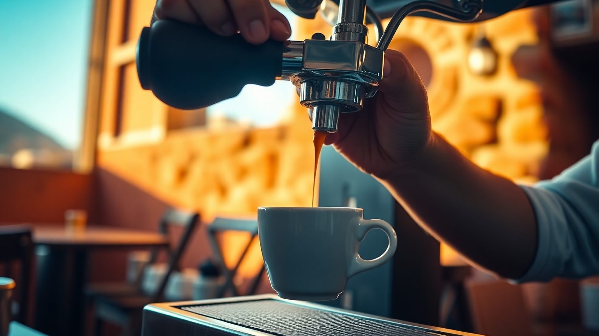 Barista priprema espresso u koralnom ambijentu kafića Lijepi Grupa u Zadru