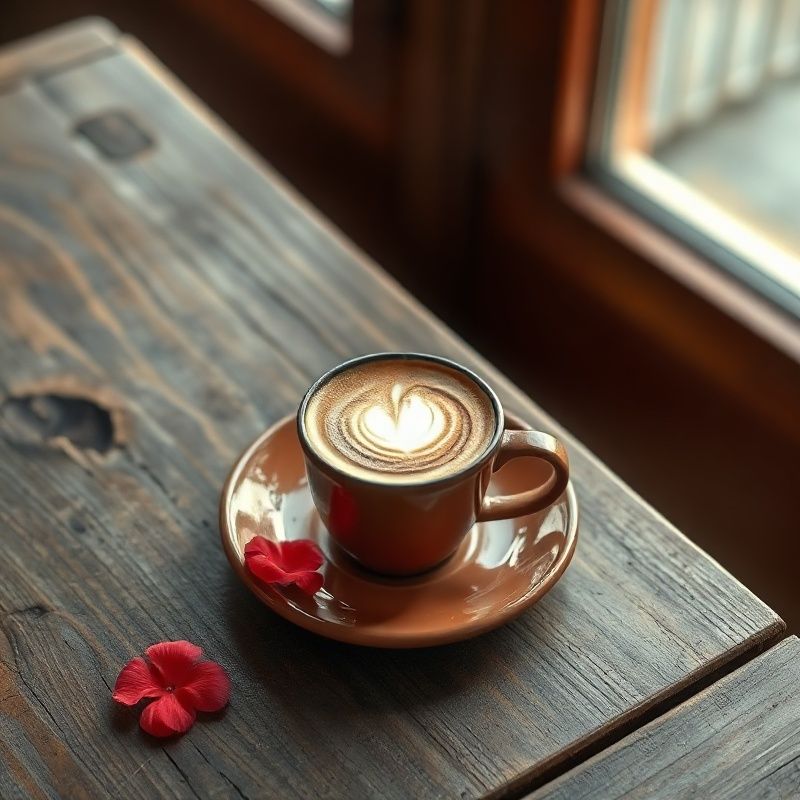 Šalica espressa s latte artom na terakota tanjuriću i koralnim laticama